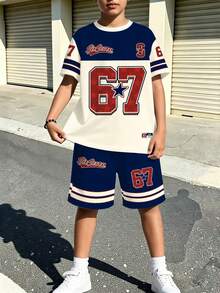 2件套男童休闲时尚创意清新简约数字67纽约条纹米色和蓝色组合字母印花短袖T恤和短裤套装，舒适日常穿着，适合春夏季节。 - 彩色 - 查看 3