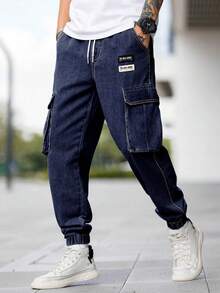 Manfinity Homme Plus Size Men's Drawstring Waist Pockets Cargo Denim Jogger Pants - Dark Wash - View 5