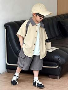 Bộ 2 món phong cách Hàn Quốc thoải mái gồm áo khoác cardigan cổ bẻ và quần short kaki cho bé trai, thích hợp cho các dịp xuân/hè như đi chơi, ngày Valentine, hẹn hò, du lịch, nghỉ lễ, họp mặt gia đình, tựu trường, đám cưới, tiệc tùng, thể thao, sinh nhật. - Nhiều màu - Xem 5