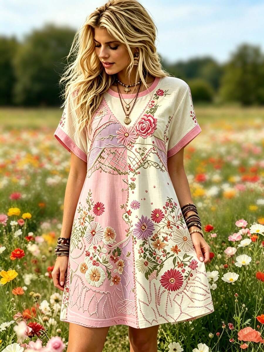 SHEIN Franclia 女士休闲碎花滚边圆领中长连衣裙,夏季 - 彩色 - 查看 1