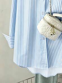 Airaco Women's Striped Print Letter Embroidered Button-Front Long Sleeve Shirt - Blue - View 5