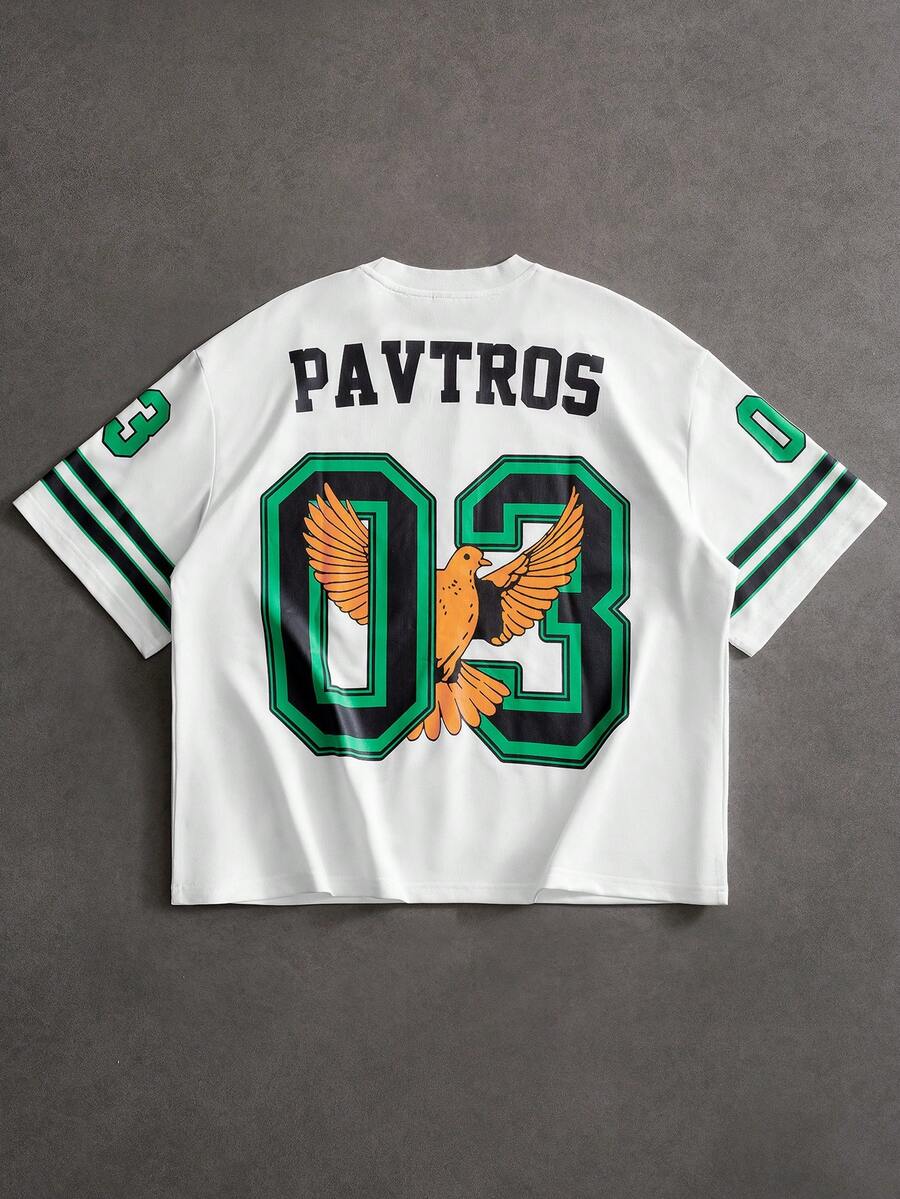 PAVTROS 男士休闲字母、数字和鸽子印花T恤，夏季足球 - 白色 - 查看 1