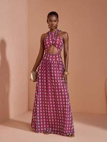 JIAN LASALA All-Over Print Mesh Halter Neck Tie Sleeveless Bustier Cutout Women Bodycon Maxi Dress - Multicolor - View 5
