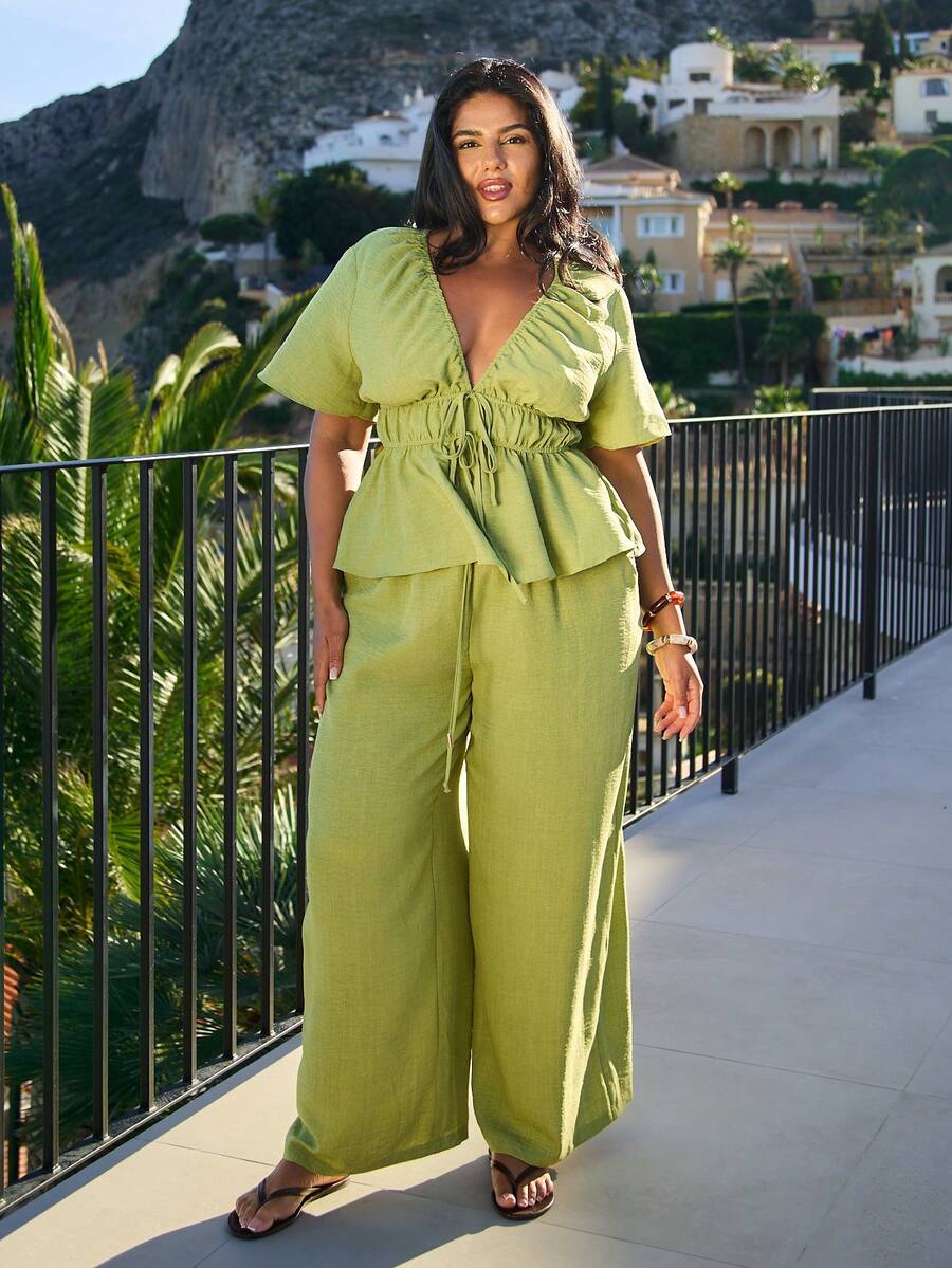 FASHION SZN 大尺碼女款休閒亞麻風鬆緊腰抽繩長褲,涼爽優雅波希米亞 Ibiza 風格,適合旅行、極簡、音樂節、夏日度假與秋季,上衣另售 - 綠色 - 查看 1