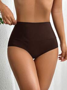 Swim Basics 女士纯色高腰泳裤，适合夏季海滩度假 - 棕色 - 查看 1