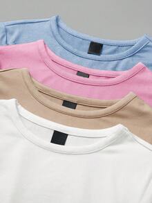SHEIN BASICS 4pcs/Set Bodysuit Rajut Kasual Warna Polos Leher Bulat Lengan Pendek untuk Wanita Pakaian Musim Panas - MultiWarna - View 3