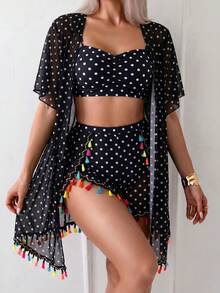 Swim Vcay 4pcs Tassel Cover Up & Beach Shorts Swimsuit Set - Black - View 3