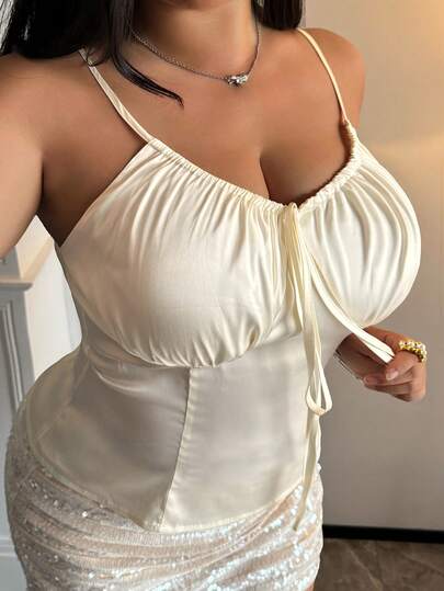 Dazy Plus Plus Size Women's Romantic French Style Ruffle Drawstring Satin Camisole Top, Spring/Summer