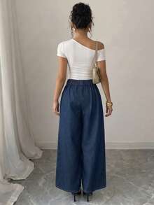 Selianne Summer Casual Sexy Vintage Chic Elegant High Waist Wide Leg Pleated Pastal Flare Going Out Swimming Everyday Women's Denim Jeans Daily Wear - Blue - View 6