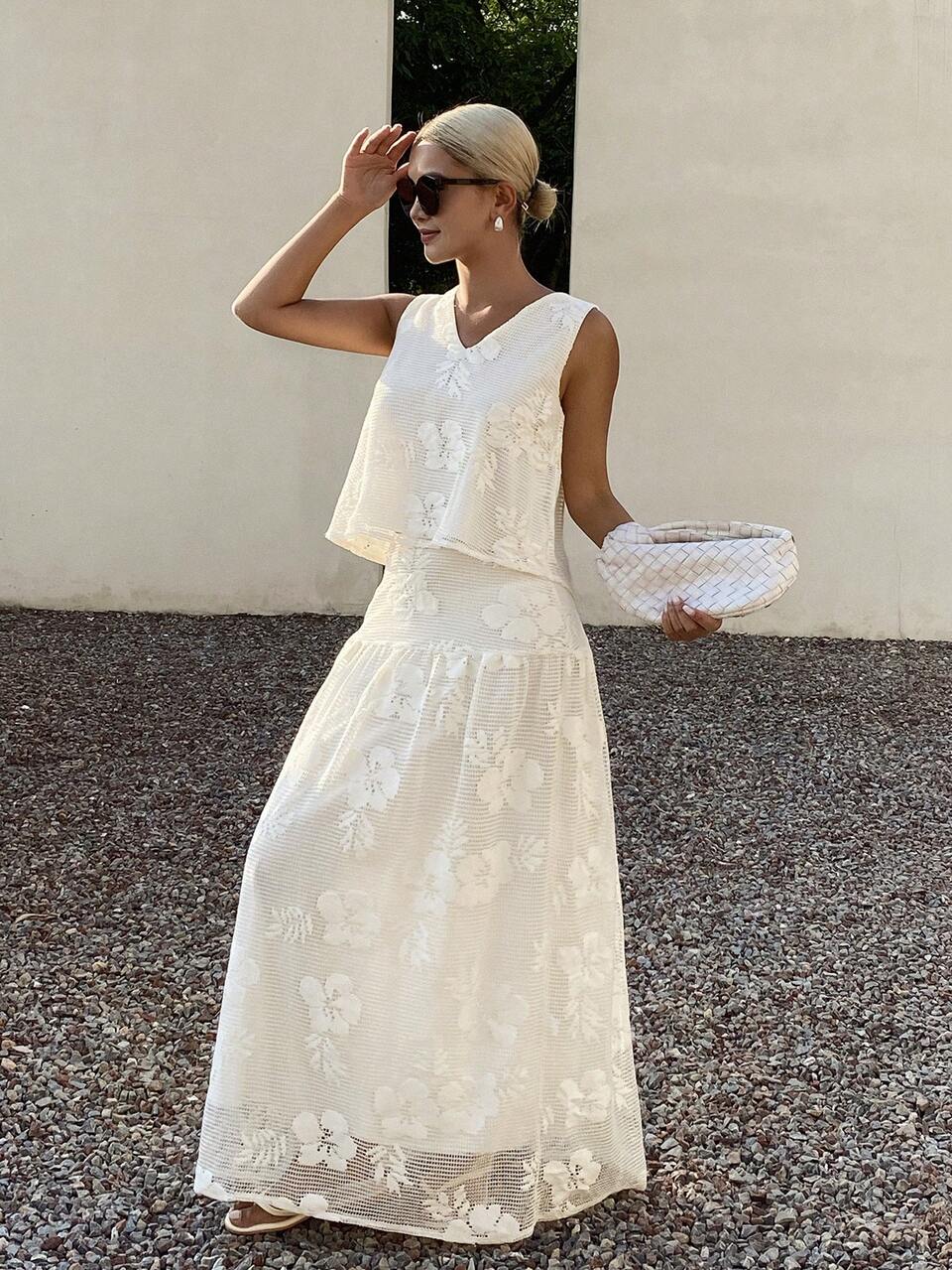 Women's Jacquard V-Neck Tank Top And Skirt Casual Sexy 2 Pieces Set Golf White Summer