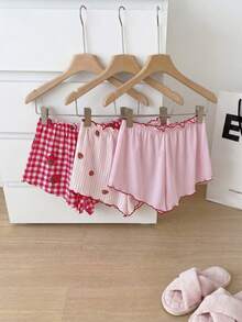 SweetSlumber 3pcs Strawberry Plaid Print, Knitted Ribbed Comfortable Ribbed Strawberry Shorts, Cute Mini Ruffle Hem Women Pajama Bottoms - Multicolor - View 1