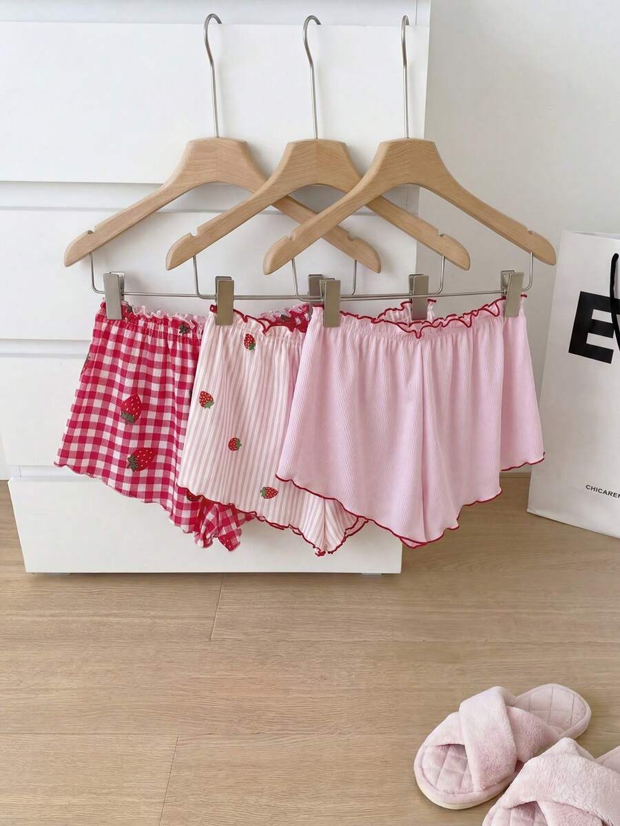 SweetSlumber 3pcs Strawberry Plaid Print, Knitted Ribbed Comfortable Ribbed Strawberry Shorts, Cute Mini Ruffle Hem Women Pajama Bottoms - Multicolor - View 1