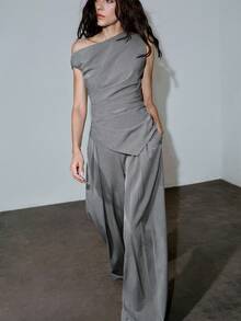 MOTF PREMIUM URBAN RUCHED ASYMMETRIC HEM SHOULDER TOP, SPRING/SUMMER - Grey - View 4