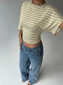 Aloruh Áo croptop nữ màu vàng sọc cổ tròn tay cánh dơi xếp ly, kiểu dáng thời trang, áo sơ mi sọc mùa hè, áo sọc đa năng. - Màu vàng - Xem 5
