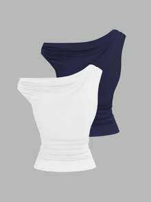 Sweetra 2pcs/Set Asymmetric Collar Fitted T-Shirt, Versatile Casual Top, Spring/Summer - Multicolor - View 2