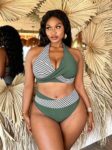 SHEIN Swim Vcay Bộ bikini cỡ lớn dành cho nữ, kiểu cổ yếm, họa tiết sọc, thích hợp cho kỳ nghỉ biển. - Nhiều màu - Xem 6