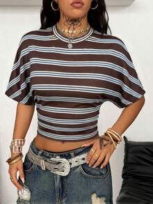 Coolane Women's Round Neck Drop Shoulder Short Sleeve Striped Casual Fitted Cropped T-Shirt, Summer - Multicolor - View 5