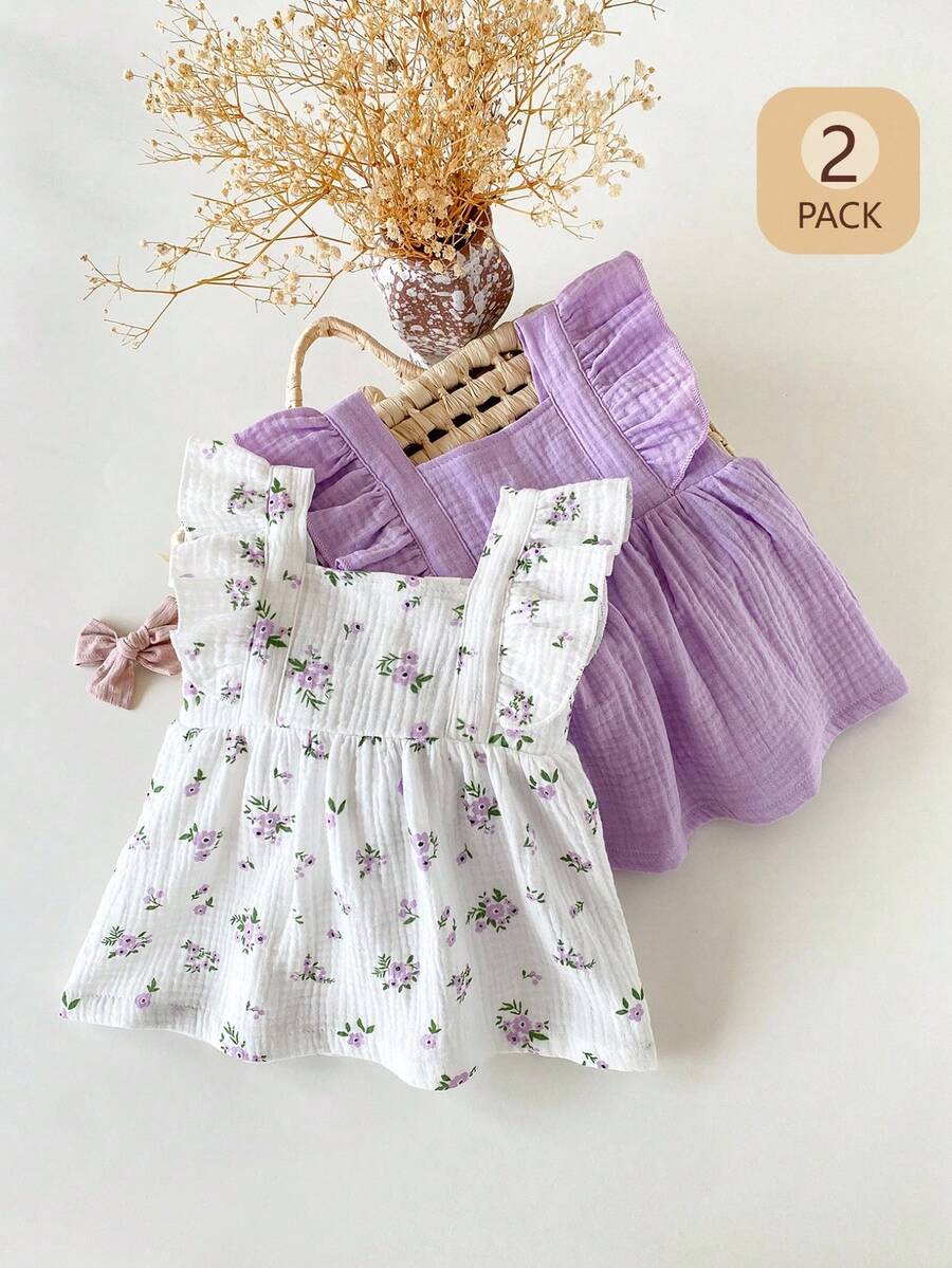SHEIN 2pcs Newborn Casual Daily Wear Rose Red Solid Color & Floral Print Sleeveless Back Open Romper Dress, Suitable For Outings Or Comfortable Versatile - Mauve Purple - View 1