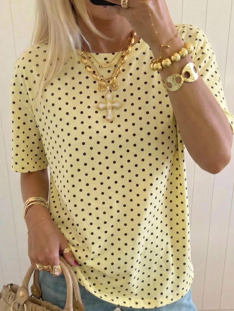 SHEIN EZwear Áo thun nữ tay ngắn cổ tròn in chấm bi vàng - Màu vàng ngỗng - Xem 1