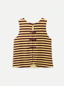 Nöista Conjunto de chaleco y pantalones cortos a rayas con botones de rana. Estilo de verano, otoño, resort, vacaciones, casual. - Café integral - Ver 7