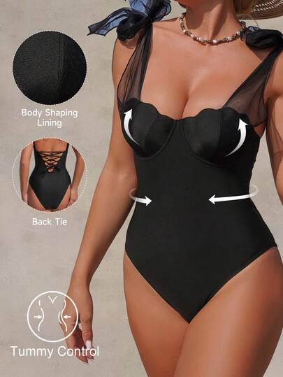 Shapewave 26SS Spring/Summer Vacation Tummy Control Black Shell Cup Gather Mesh Tie-Up One-Piece Swimsuit For Women 2026 New Women's Swimwear ArrivalFor School,Suitable For Holiday, Date, Afternoon Tea, Western, Cruise, Beach, Island, Road Trip, All Seasons, Music Festival, Boho Vacation,Bohemian Vacation, Chill Autumn ,Western Boho ,Elegant Tops For Women