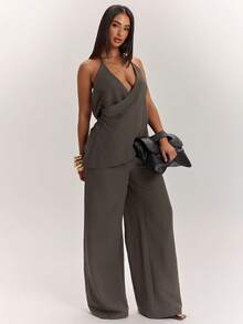 SHEIN BAE 纯色露背吊带上衣和阔腿裤性感时尚套装 - 摩卡棕 - 查看 7