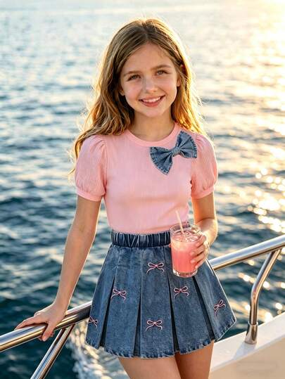 Elladie kids Conjunto de 2 piezas dulce para niñas: Blusa de manga abullonada rosa + Falda plisada de mezclilla con lazo bordado, estilo coreano de moda, talla personalizable, verano