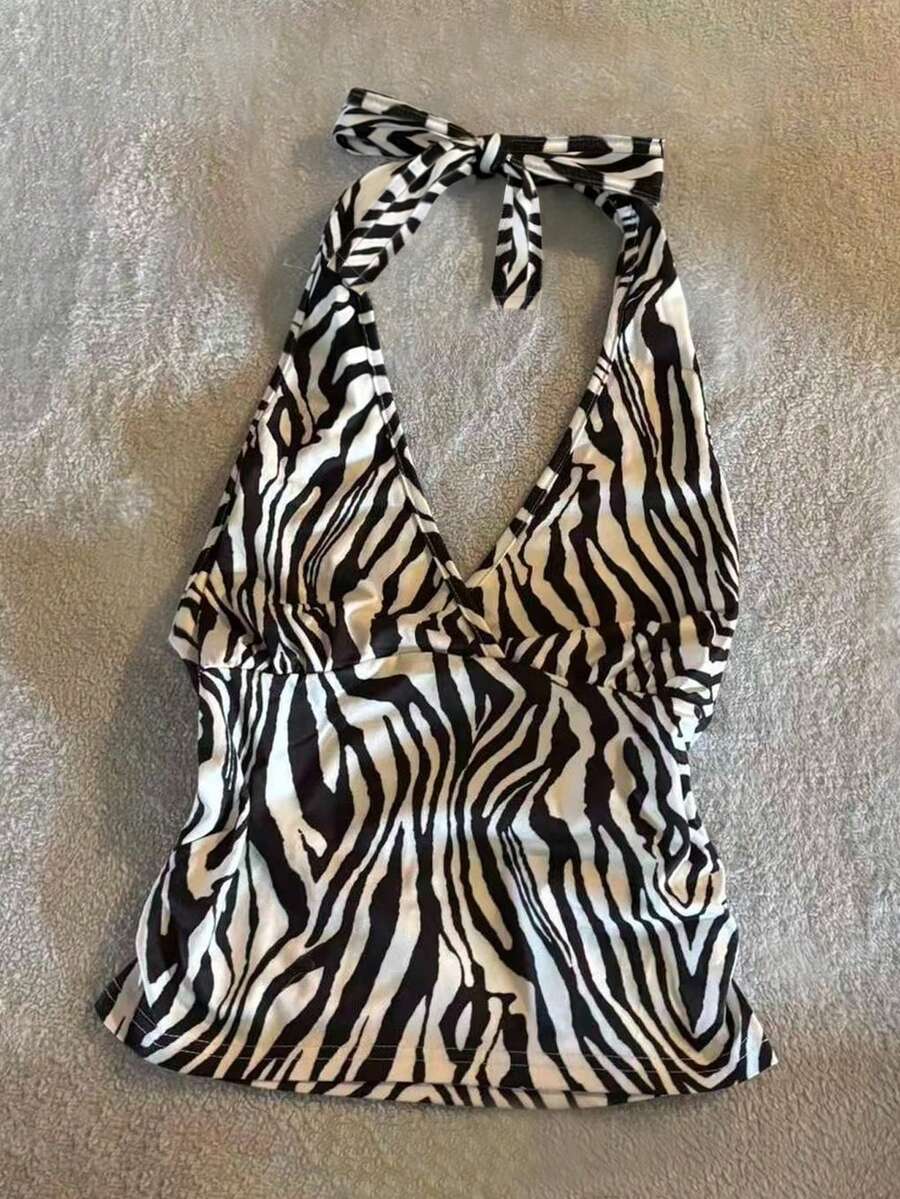 Glimmora Top de playa con estampado de cebra, escote halter y espalda descubierta para mujer - Multicolor - Ver 1