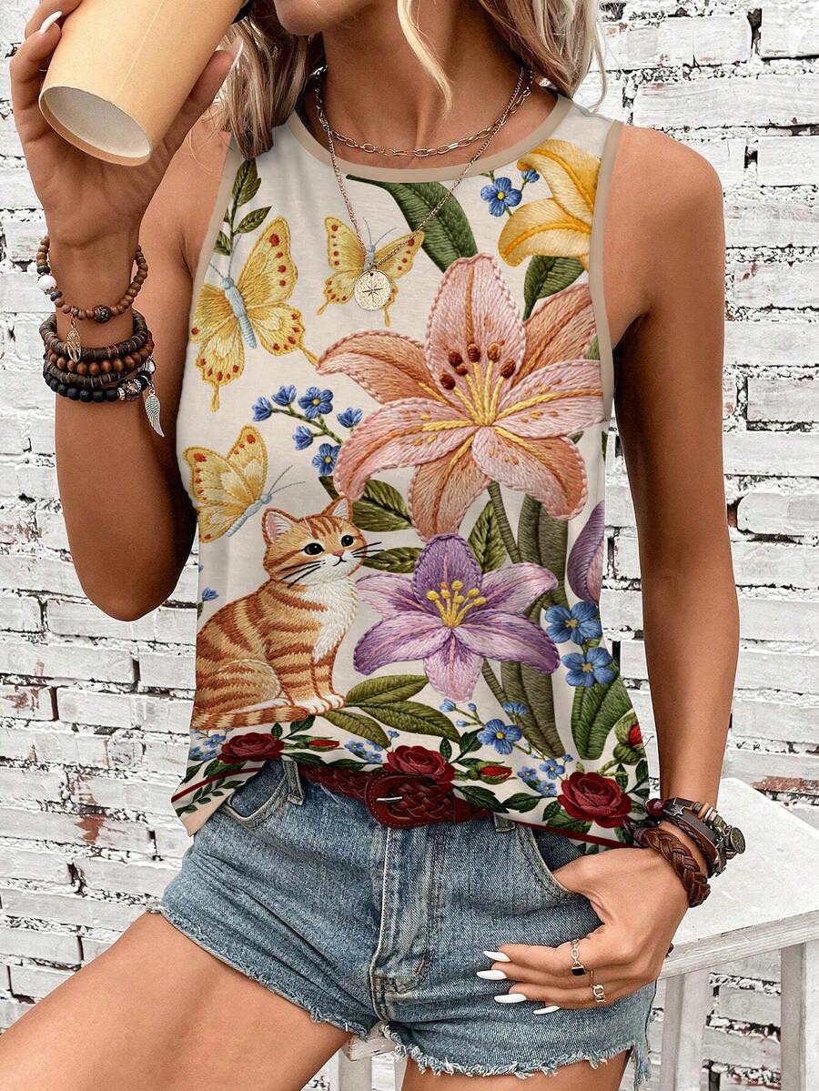 SHEIN LUNE Áo tank top nữ họa tiết hoa tối giản, phong cách thường ngày, thích hợp cho mùa hè. - Nhiều màu - Xem 1