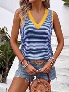 EMERY ROSE Nuevo top de tirantes casual y versátil con cuello en V, estampado de bloques de color y rayas para mujer, primavera/verano - Multicolor - Ver 6