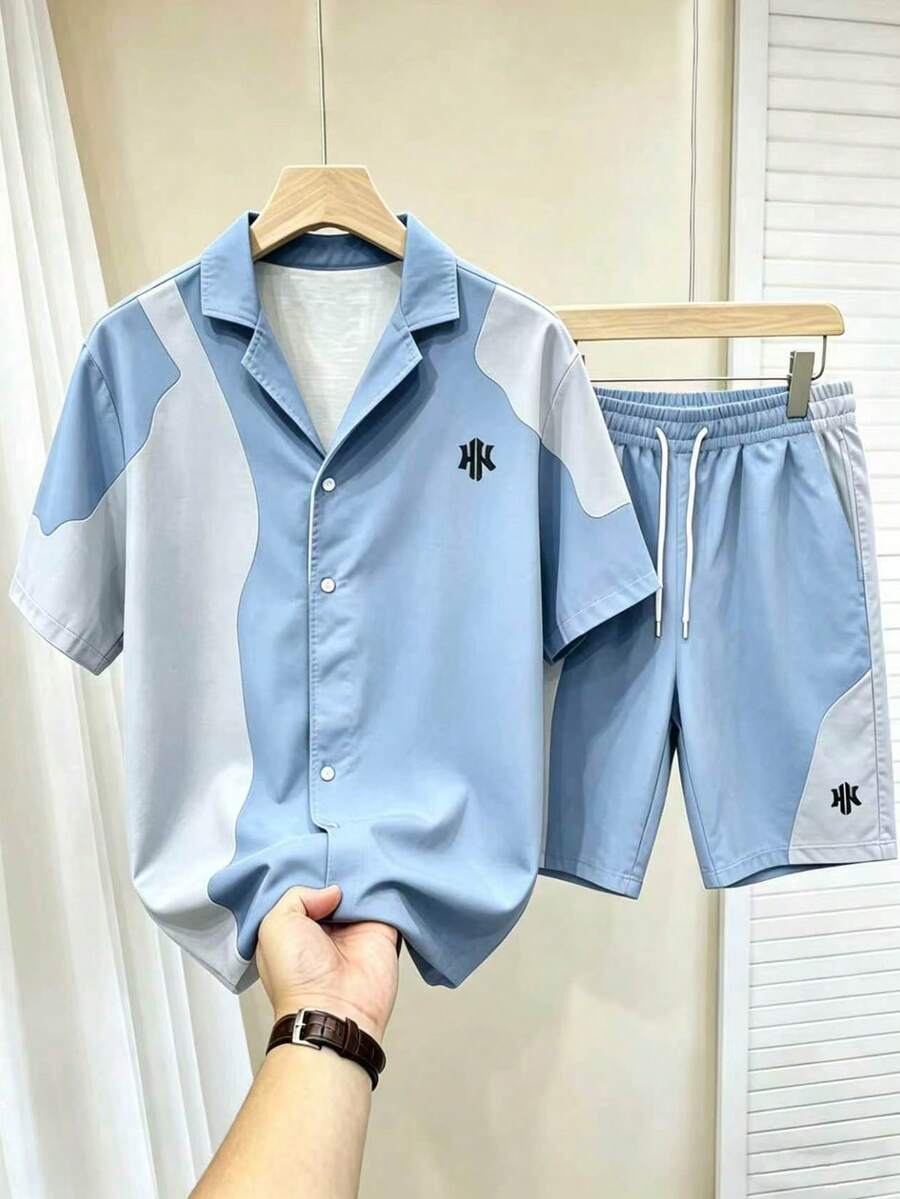 Chillumni Men's High-End Blue & White Contrast Color Splice Silk Blend Casual H-Logo Shirt Set - Multicolor - View 1