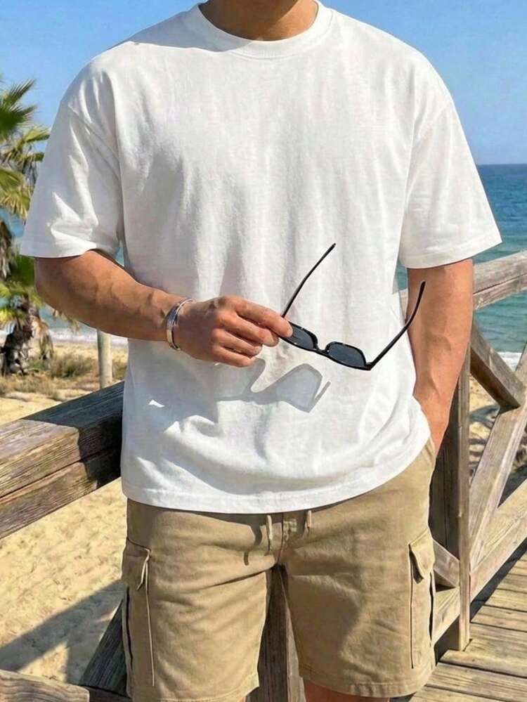 Plus Size Men's White Casual Round Neck Short Sleeve T-Shirt