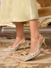 CUCCOO TILAWA Chaussures à talons hauts à bout pointu avec strass pour femmes, chaussures de soirée avec bride à la cheville, convient pour les fêtes et les banquets - Doré - Voir 6