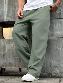 Manfinity Homme Plus Size Men's Casual Solid Color Drawstring Waist Straight Leg Pants, Suitable For Daily Commute - Green - View 1