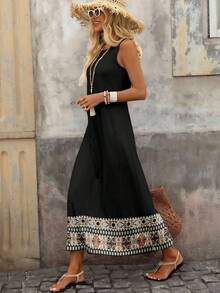 Women's Summer Vacation Floral Print Patchwork Round Neck Sleeveless Dress - Multicolor - View 5