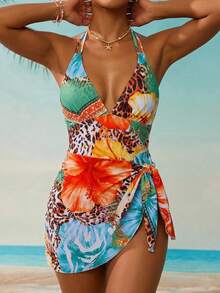 Swim Lushoire Urlaubsessentiell Tropisches Muster Neckholder Badeanzug-Kleid, asymmetrischer Rock mit Wickeltaille Ein-Teiler Badeanzug, bescheidene Strandbekleidung - Verschiedenfarbig - Übersicht 4
