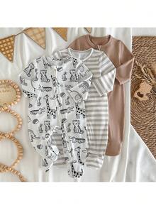 Loomiva Bộ đồ 3 món cho bé gái sơ sinh: Áo liền quần dài tay cổ tròn chất liệu mềm mại in hình động vật hoạt hình và quần dài. - Nhiều màu - Xem 6