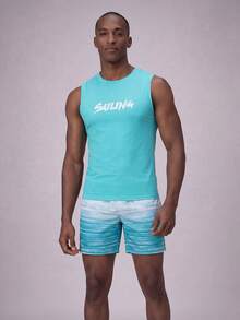 Surfspeed 2pcs Men Letter Printed Tank Top And Shorts Swimming Trunks Set,Hawaiian - Teal Blue - View 5