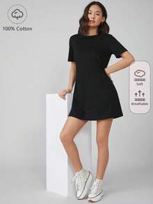 SHEIN BASICS 大码休闲纯色短袖连衣裙，夏季 - 黑色 - 查看 9