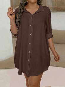 EMERY ROSE Plus Solid Button Front Blouse Women Shirt Fall - Brown - View 3