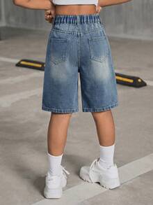 SHEIN Tween Girl Y2K Fashionable Stonewashed High Waist Flap Pocket Baggy Denim Shorts, Back To School Summer - Medium Wash - View 8