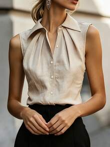 SHEIN Áo sơ mi không tay có cổ, thiết kế xếp ly tôn dáng vai và cổ, điểm nhấn là cúc ngọc trai, thanh lịch và đa năng, phù hợp cho công sở hoặc mặc hàng ngày. - Màu be - Xem 4