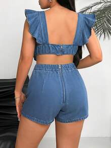 Rivivi Plus Size Ruffled Backless Denim Romper - Blue - View 2