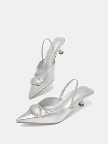 Women's 2025 New Fashion Metal Buckle Pointed Toe High Heel Pumps, Elegant Design,Kitten Heels - Silver - View 5