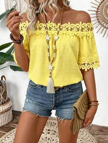EMERY ROSE Women's Summer Beach Vacation Solid Color Contrast Lace Off Shoulder Loose Blouse - Yellow - View 6