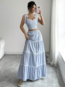 SHEIN Raffinéa 女士条纹露脐吊带背心和迷你裙两件套 - 藍色 - 查看 6
