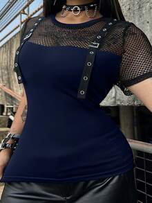 Whyspr Camiseta de manga corta con parches de ojetes de estilo punk talla grande, primavera/verano - Azul Marino - Ver 3