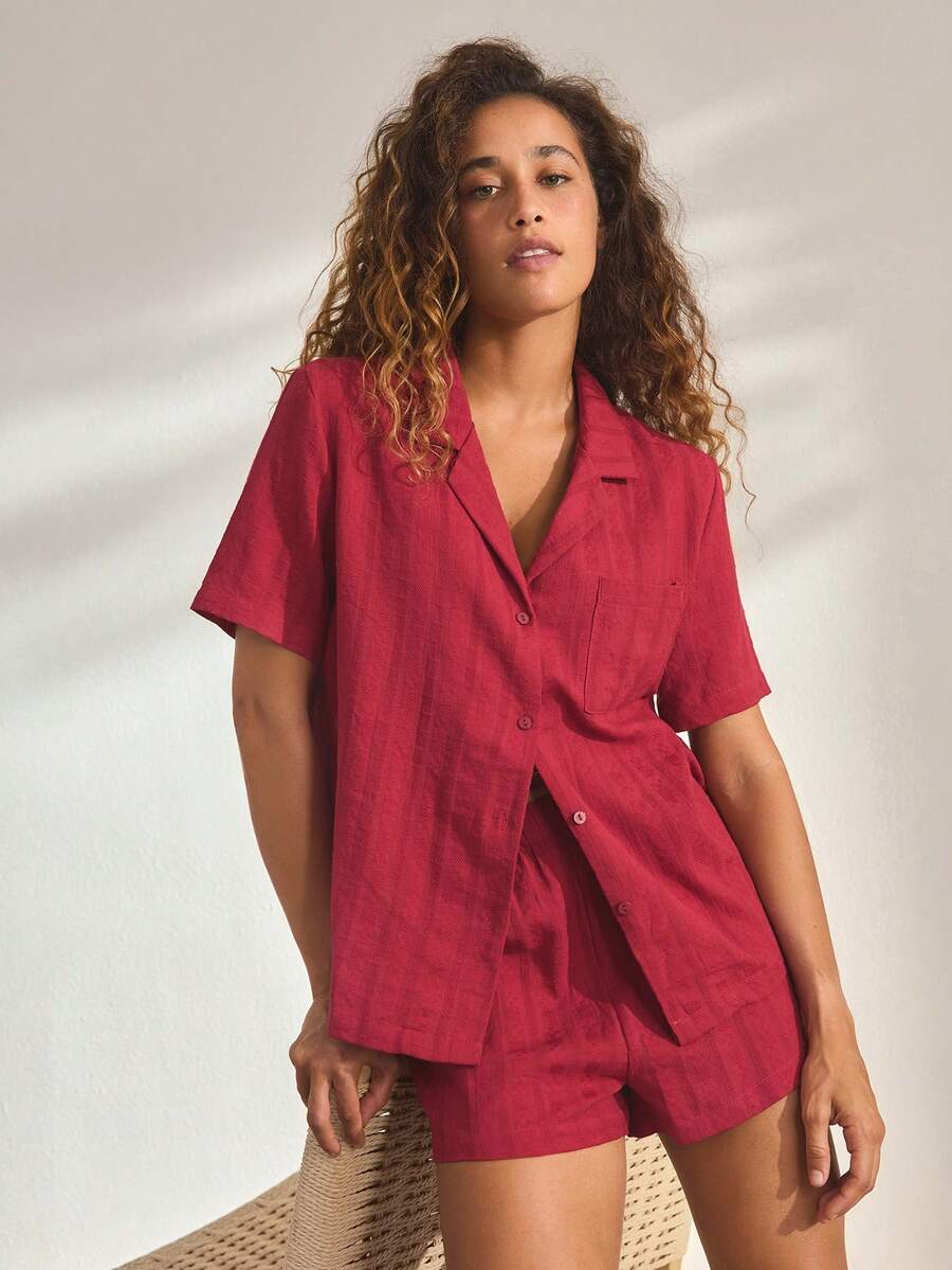 Ocili Natural Soft & Skin-Friendly Cotton Jacquard Lapel Short Sleeve & Shorts Pajama Set For Women - Burgundy - View 1