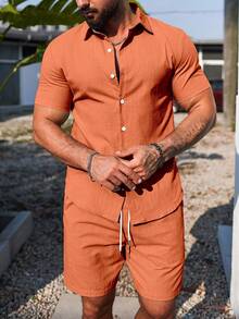 Manfinity Homme Men's Casual Set With Front Button Short Sleeve Shirt And Drawstring Waist Shorts - Orange - View 5