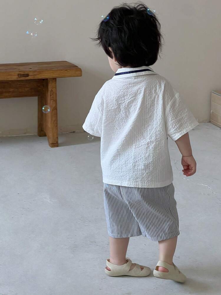 Toddler Boys' Vacation Casual Embroidered Shirt & Long Pants Set, Korean Style Spring/Summer Versatile Fresh Outfit
